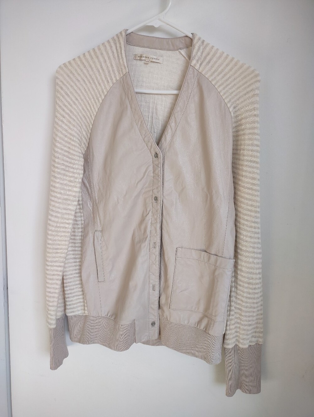 Burning Torch Cream & Beige Mixed-Media Bomber Cardigan Front Made Lamb Leather